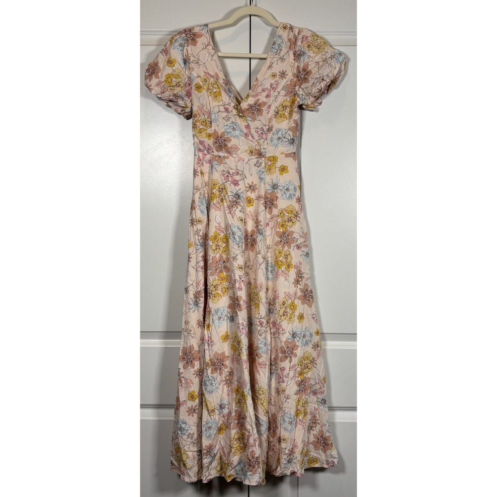 Lulus Womens Flourishing Feelings Midi Dress Pink Floral Print Puff Sleeve XS